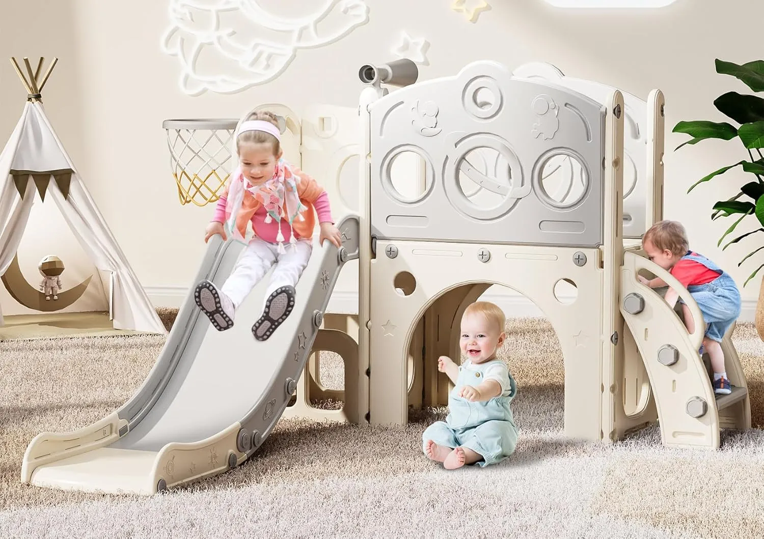 Babytronic Toddler Slide, 8 in 1 Kids Slide with Basketball Hoop, Telescope and Climber, Baby Slide Toddler Playground, Indoor Outdoor Playset for Toddlers Age 1-3, Kids Indoor Playground (White&Gray)