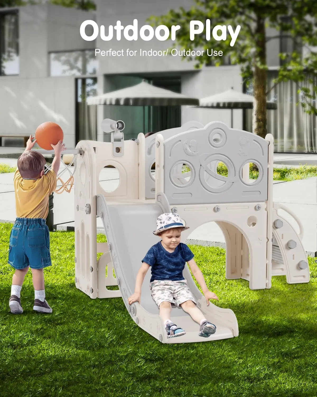 Babytronic Toddler Slide, 8 in 1 Kids Slide with Basketball Hoop, Telescope and Climber, Baby Slide Toddler Playground, Indoor Outdoor Playset for Toddlers Age 1-3, Kids Indoor Playground (White&Gray)