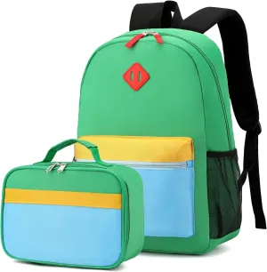 Backpack Set for Girls Boy Kids Backpack with Lunch Box for Elementary Primary Kindergarten School Bag (Green Blue Set, Large)