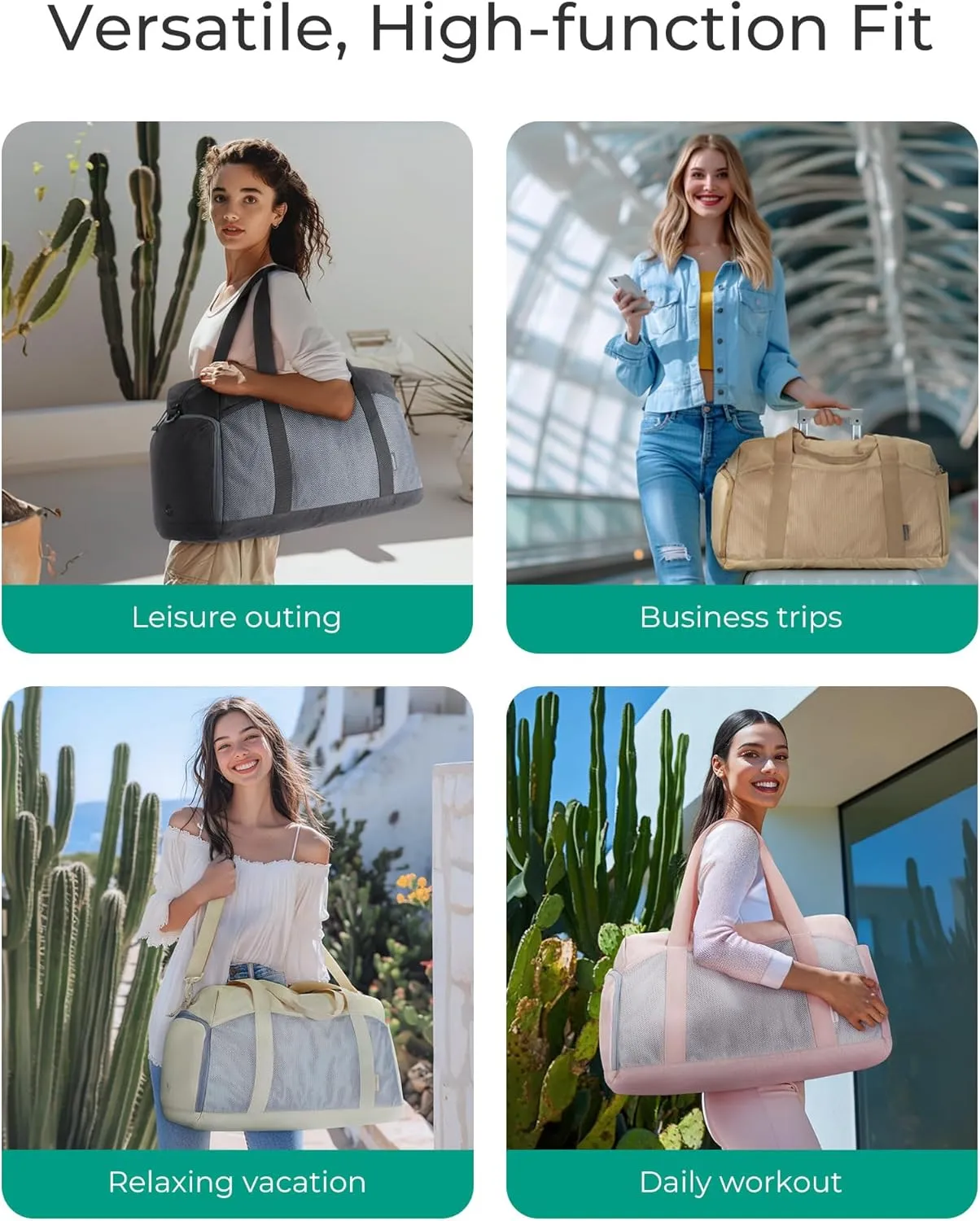 BAGSMART Foldable Duffle Bag for Women - 35L Carry On Weekender Overnight Sports Duffel with Shoe Compartment, Personal Item Travel Workout Bag for Travel Yoga, Beige