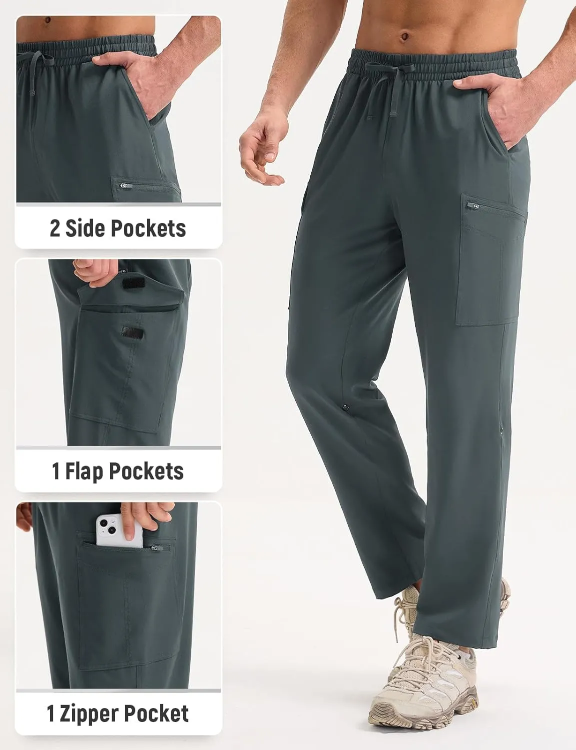 baleaf Men's Hiking Pants Water Resistant Convertible Cargo Capri Roll Up Capri UPF50  Zipper Pockets Clothing Travel