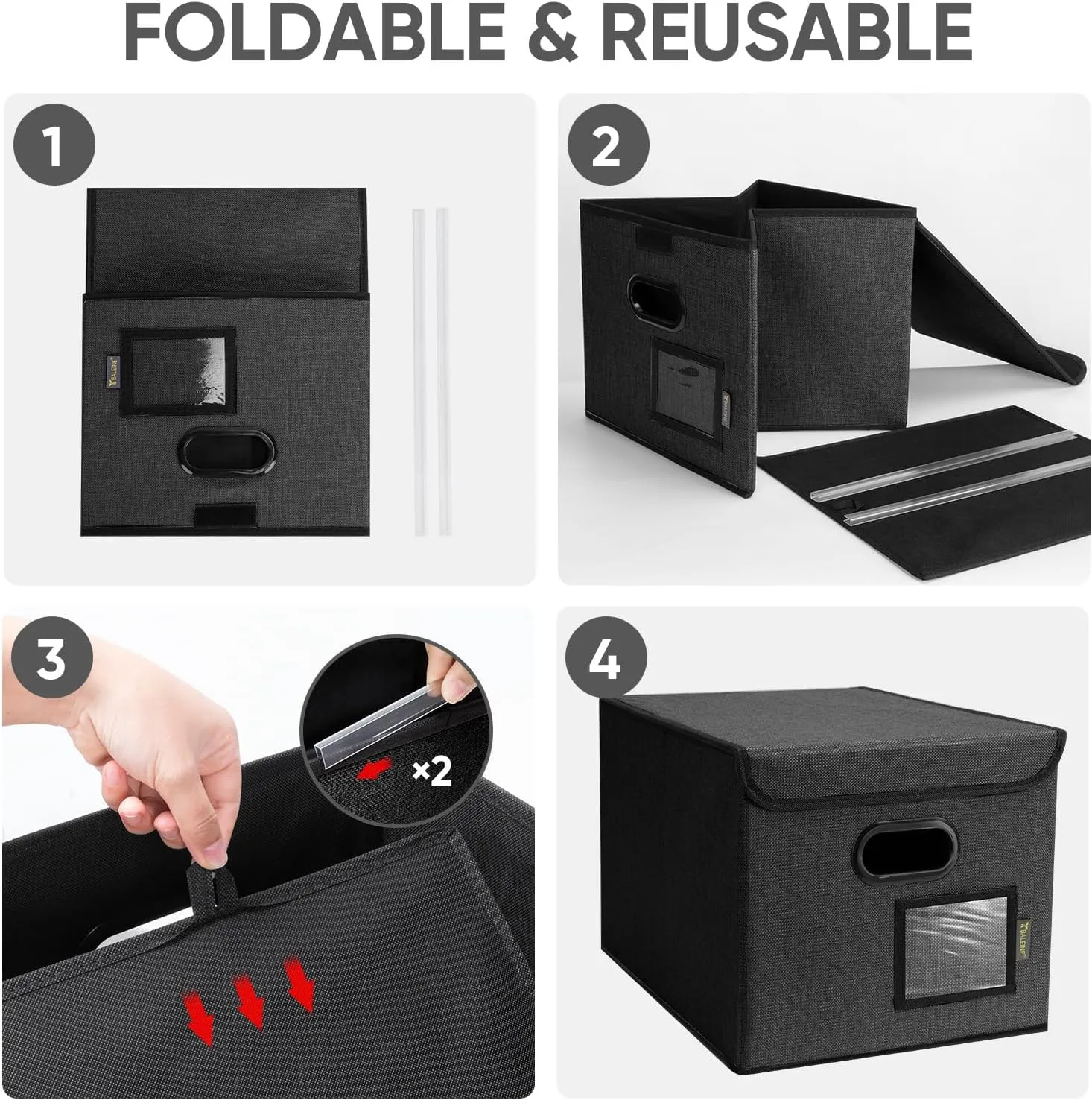 BALEINE File Organizer Box with Lid, Collapsible File Folder Organizer with Plastic Slide, Hanging File Folder Box for Office Document Storage (2 Pack, Black)
