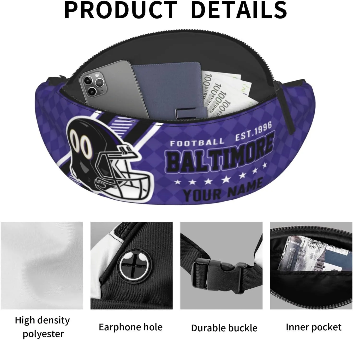 Baltimore Waist Bag Adjustable Football Belt Bag Personalized Custom Fanny Pack Sports Hiking Running Belt Waist Pack for Women Men Fans Gifts