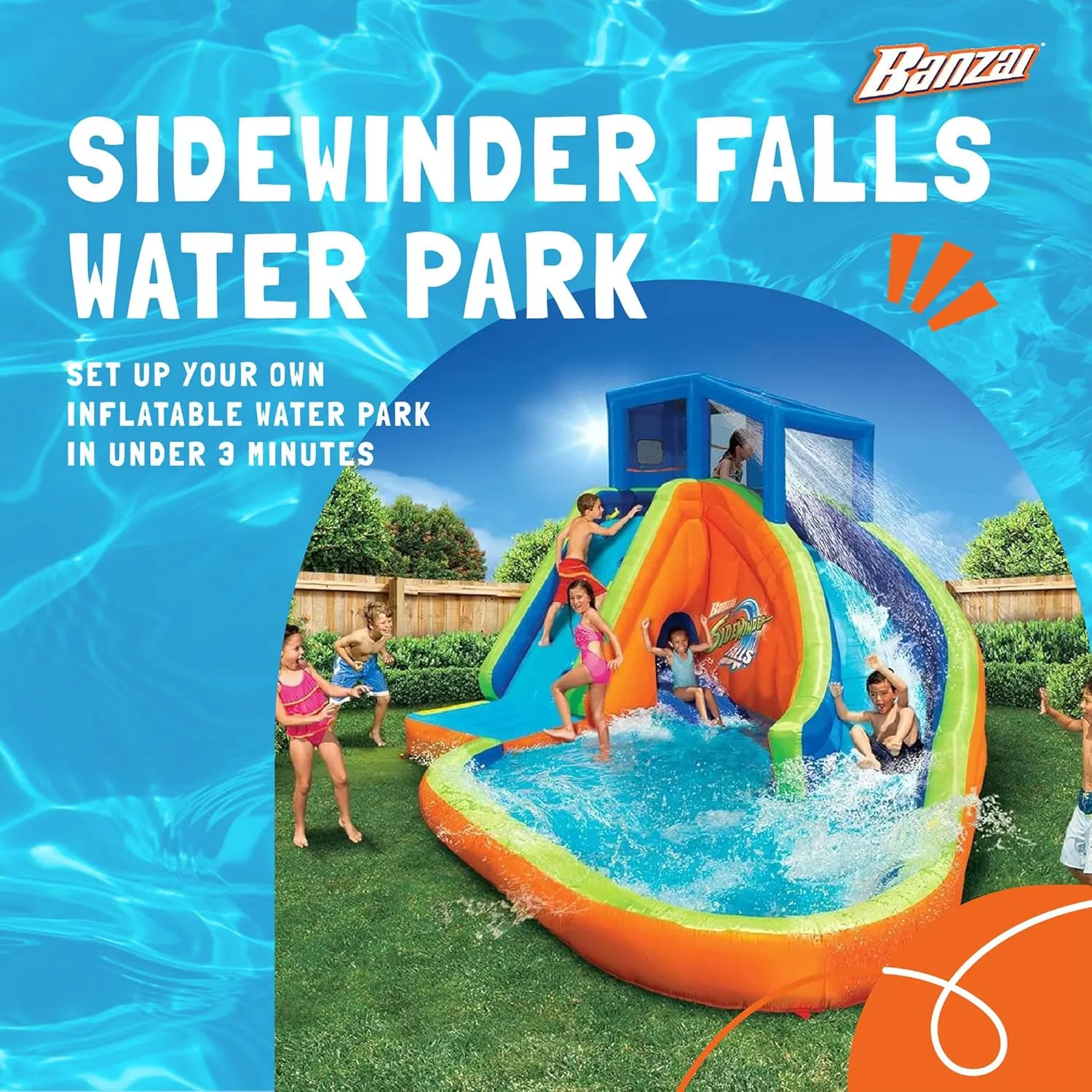 Banzai Sidewinder Falls Water Slide, Heavy Duty Inflatable Backyard Water Park w/Waterslide, Splash Pool & Sprinklers, for Kids Ages 5-12, Multicolor