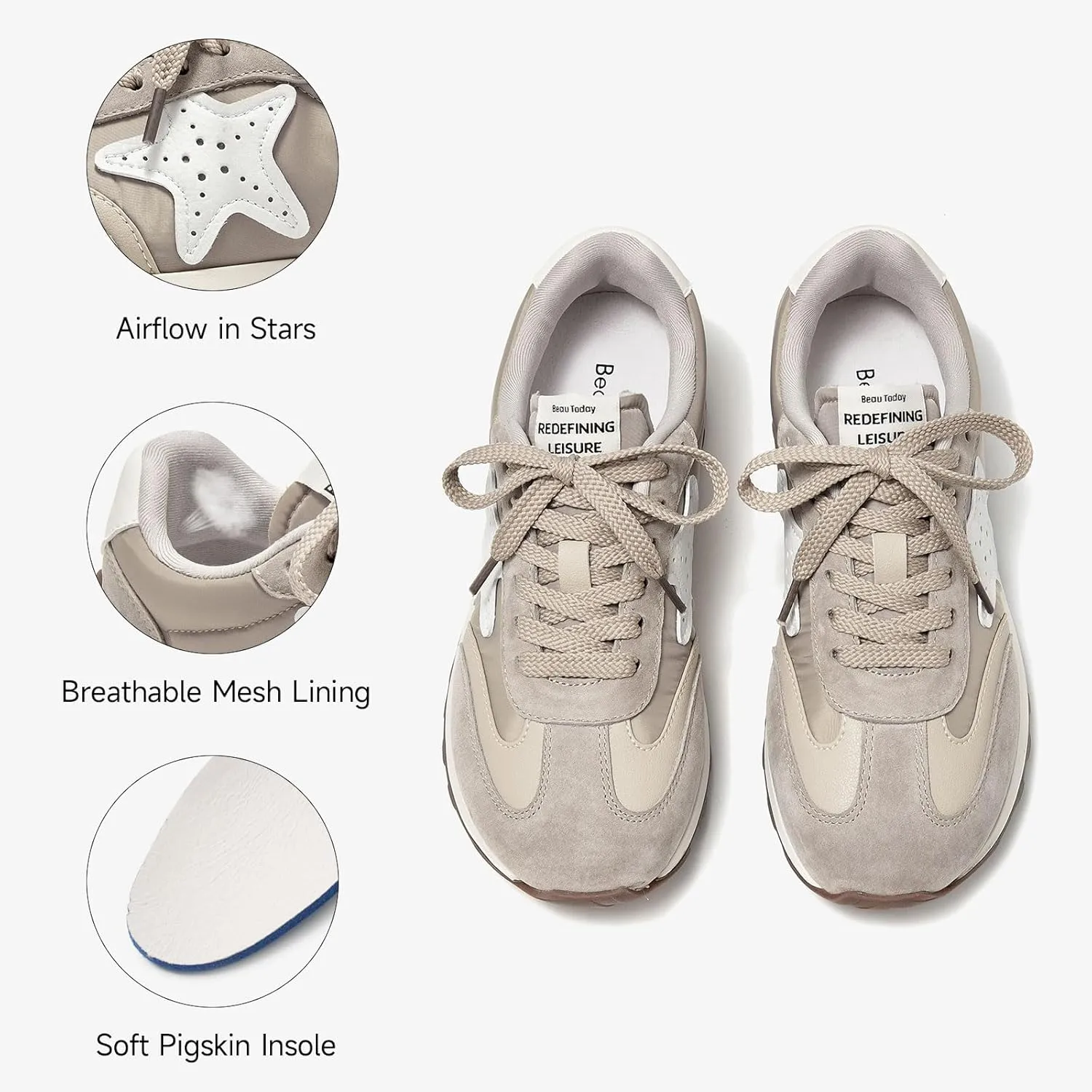 BEAU TODAY Fashion Sneakers Women,Leather Casual Lace Up Retro OG Sneakers,Comfortable Tennis Runnig Trainer Shoes Silver US 5