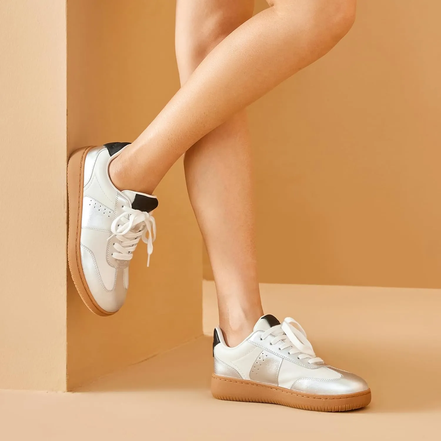BEAU TODAY Fashion Sneakers Women,Leather Casual Lace Up Retro OG Sneakers,Comfortable Tennis Runnig Trainer Shoes
