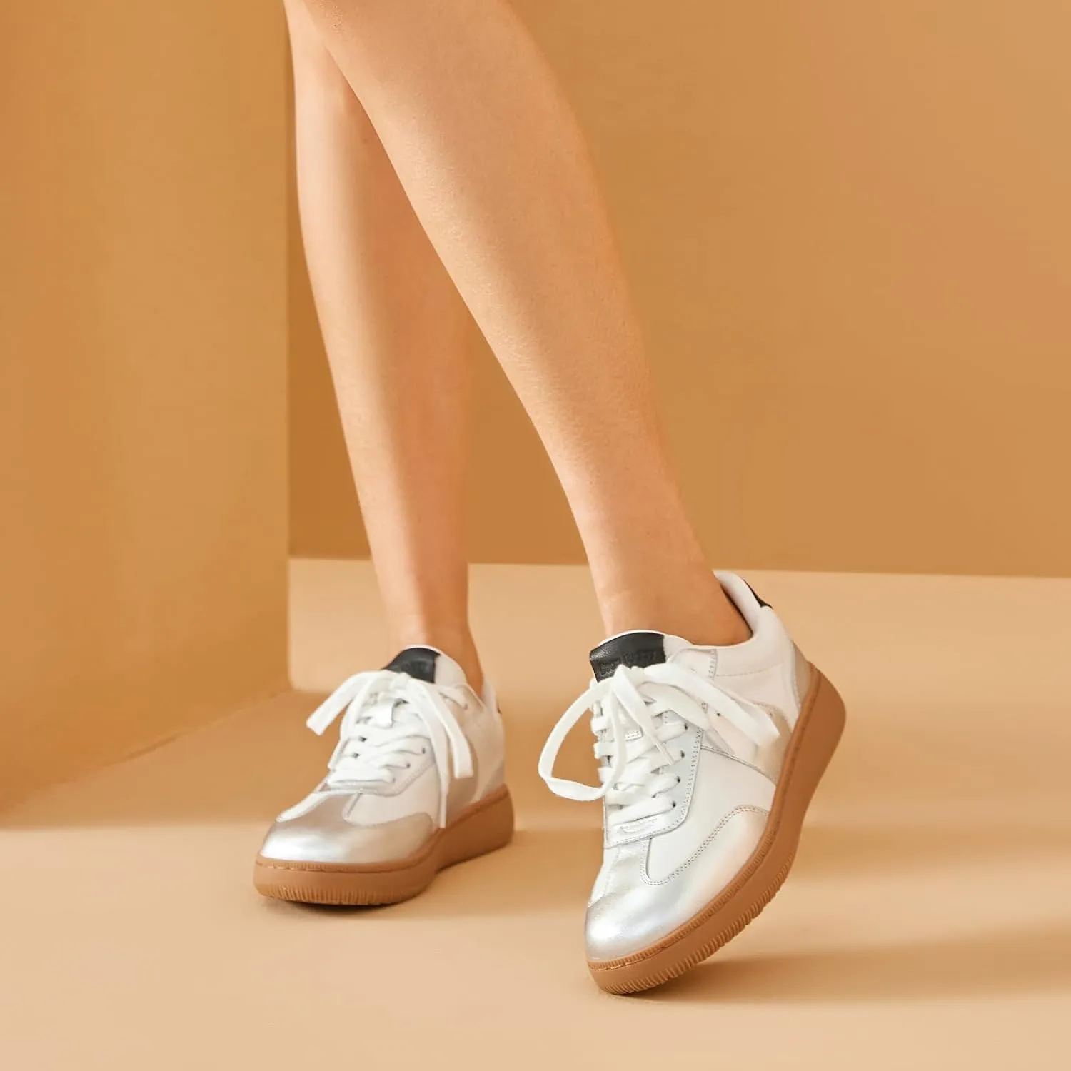 BEAU TODAY Fashion Sneakers Women,Leather Casual Lace Up Retro OG Sneakers,Comfortable Tennis Runnig Trainer Shoes