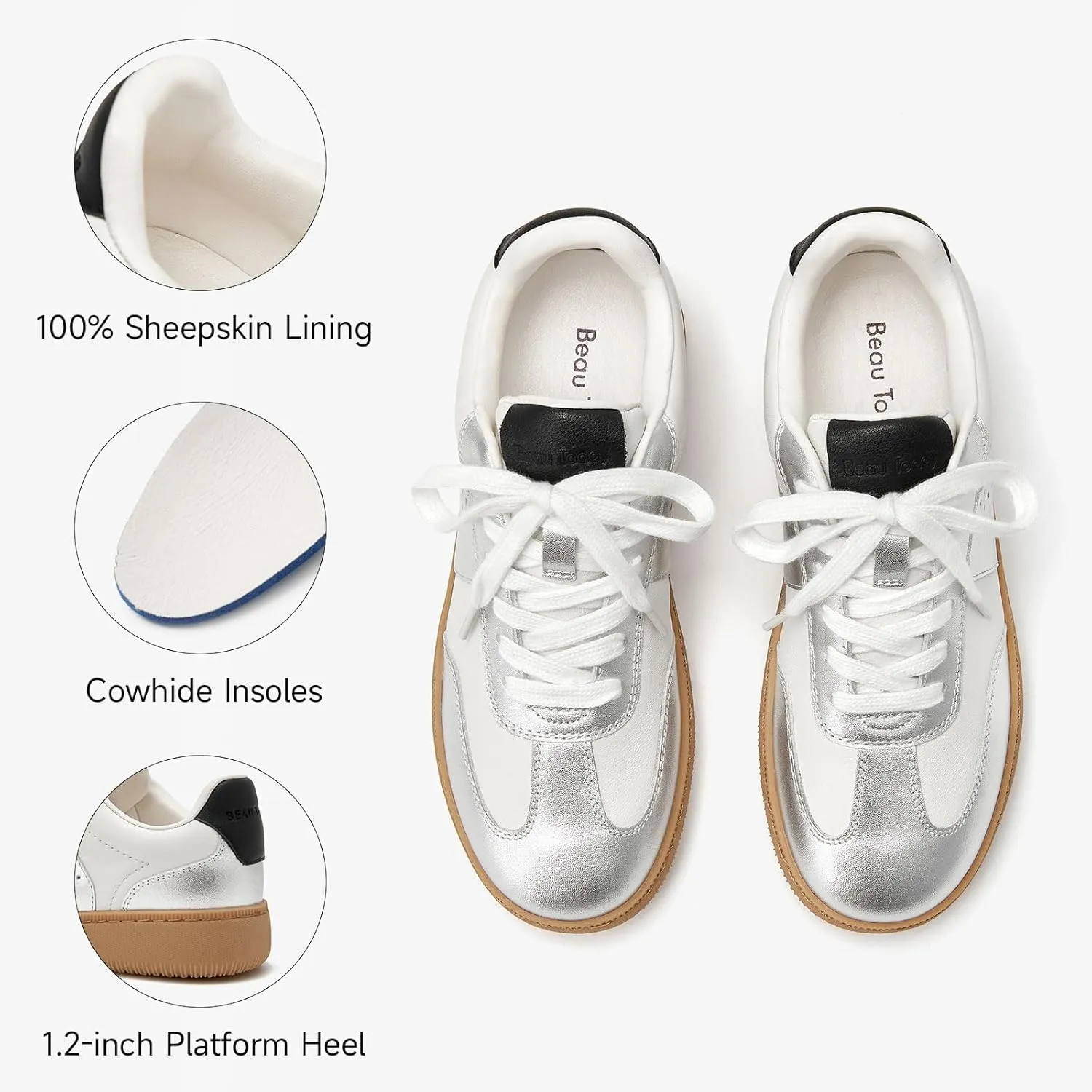 BEAU TODAY Fashion Sneakers Women,Leather Casual Lace Up Retro OG Sneakers,Comfortable Tennis Runnig Trainer Shoes