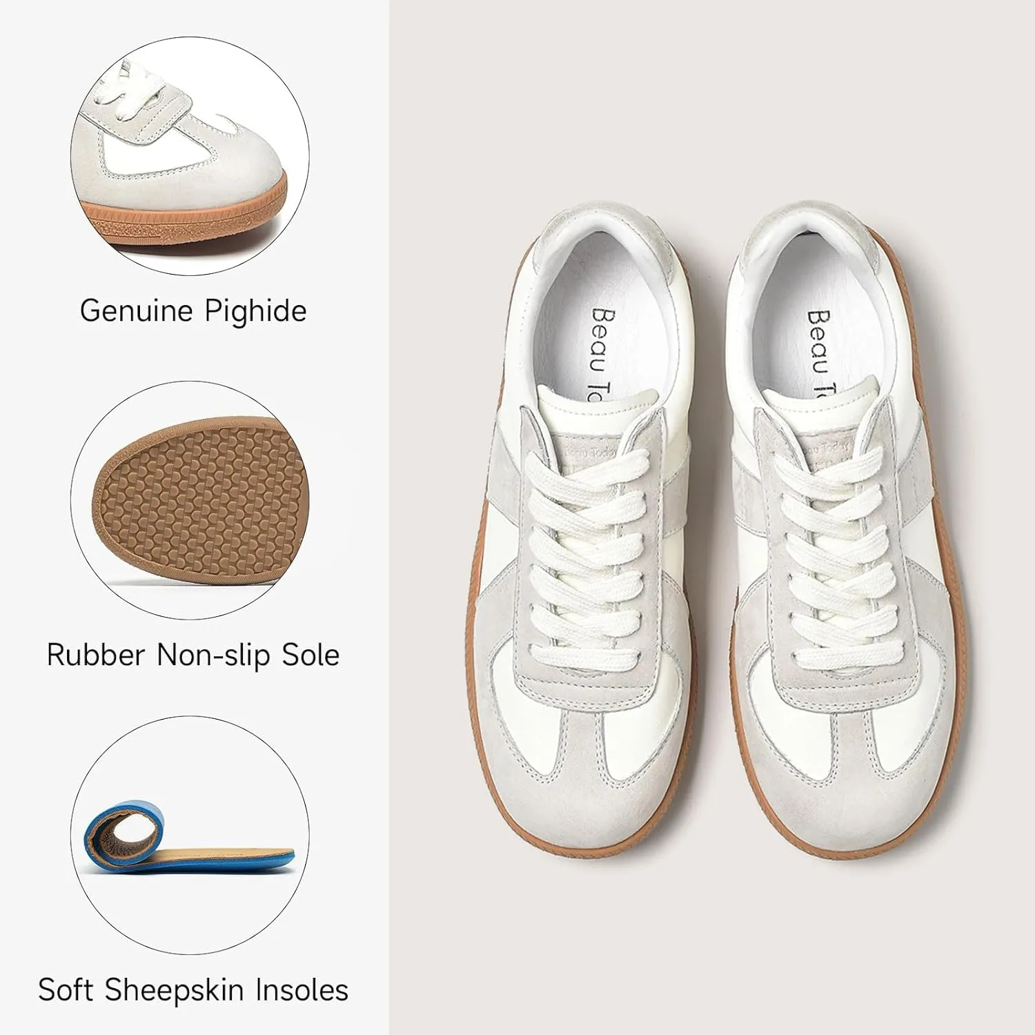 BEAU TODAY Fashion Sneakers Women,Leather Casual Lace Up Retro OG Sneakers,Comfortable Tennis Runnig Trainer Shoes