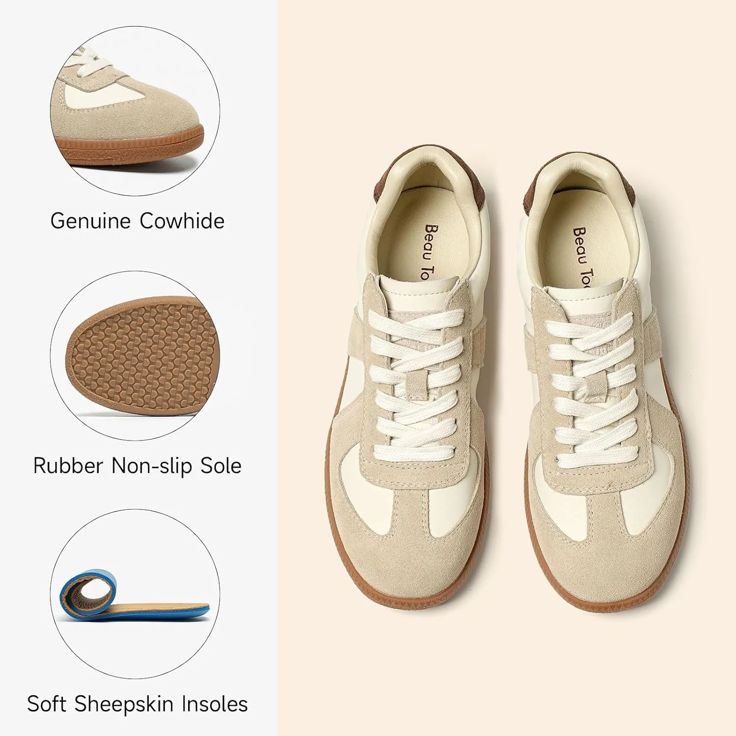 BEAU TODAY Fashion Sneakers Women,Leather Casual Lace Up Retro OG Sneakers,Comfortable Tennis Runnig Trainer Shoes