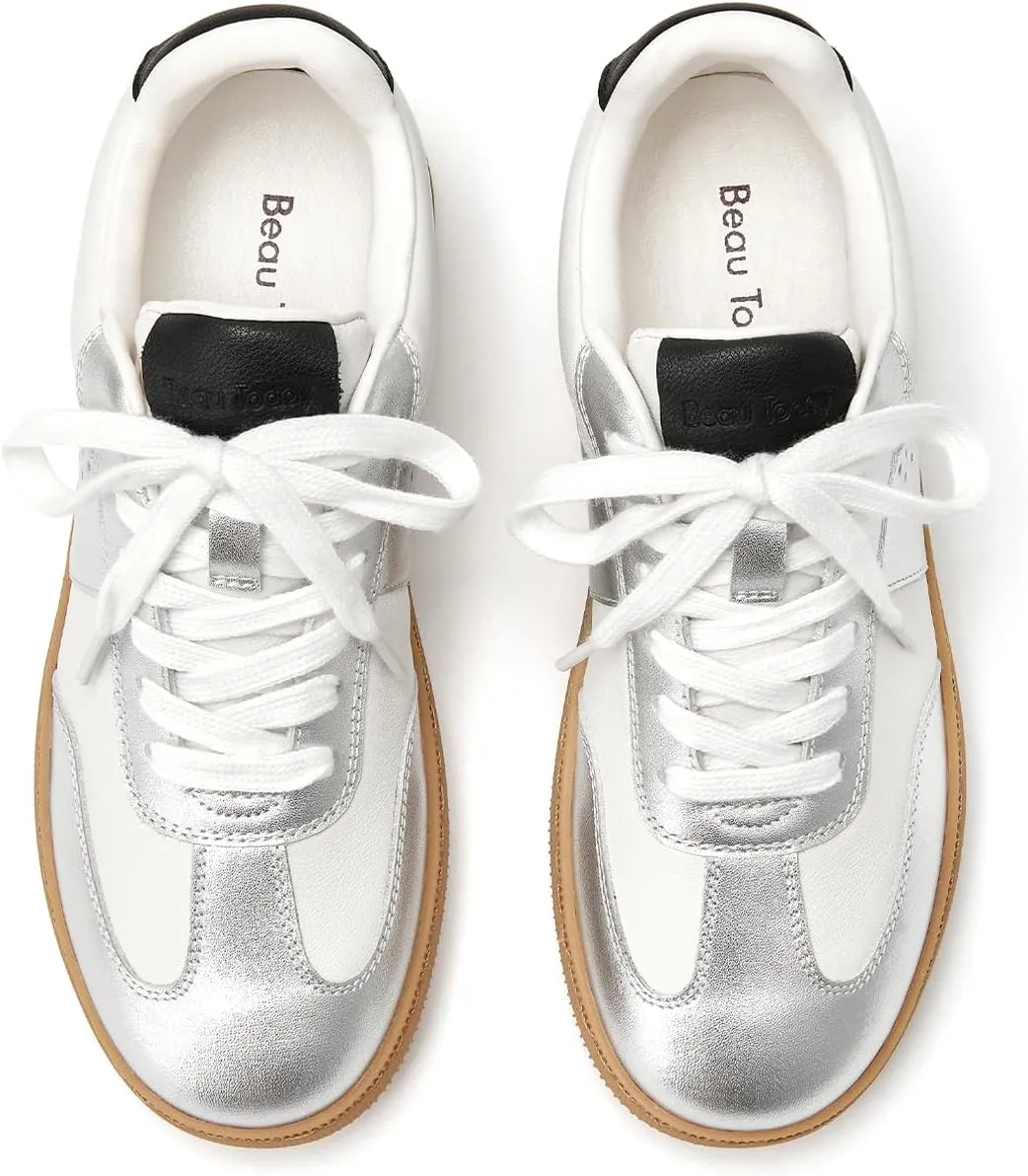 BEAU TODAY Fashion Sneakers Women,Leather Casual Lace Up Retro OG Sneakers,Comfortable Tennis Runnig Trainer Shoes