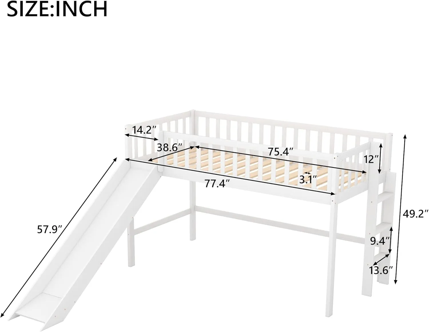 Bellemave Twin Size Loft Bed with Ladder & Slide, Toddler Loftbeds with Safety Rails,Wood Twin Low Loft Bed with Storage Space for Kids Toddler (White)