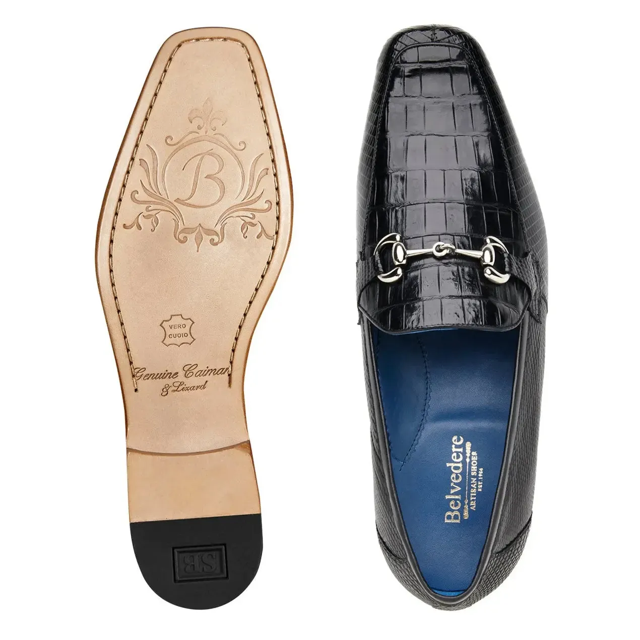 Belvedere Udine 1030 Black Genuine Caiman Crocodile/Lizard Loafers