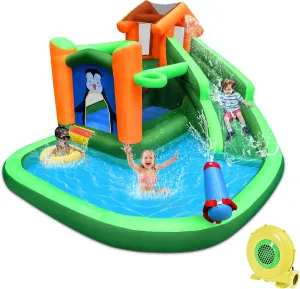 BESTPARTY Inflatable Water Slide,Bounce House with Penguins Print,Water Slides for Kids Backyard with Climbing Wall and Basketball Rim,Water Park with Splash Pool and Water cannon,Blower Included