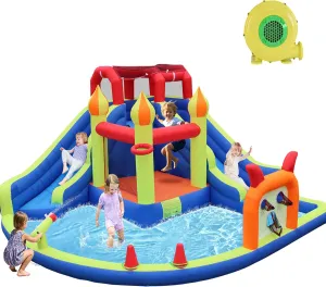 Blow Up Water Slides for Kids Backyard, Two Long Slides Jumping Bouncy Castle for Kids Outdoor, Inflatable Bounce House with 550W Blower
