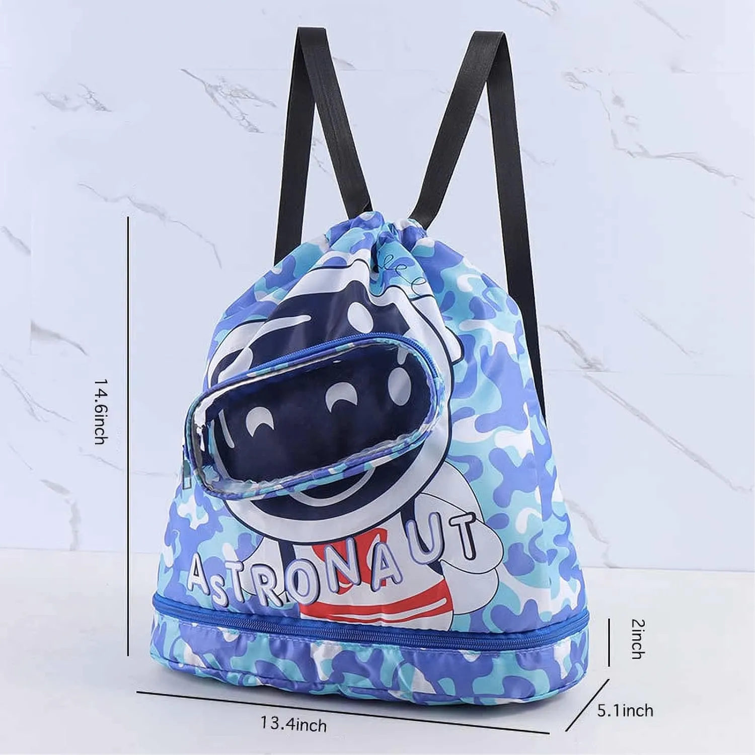 Blue Astronaut Swim Bags for Swimmers - Drawstring Beach Backpacks with Waterproof, Sandproof Fabric, Separated Dry/Wet Compartments, Shoe Compartment