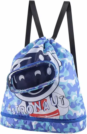 Blue Astronaut Swim Bags for Swimmers - Drawstring Beach Backpacks with Waterproof, Sandproof Fabric, Separated Dry/Wet Compartments, Shoe Compartment