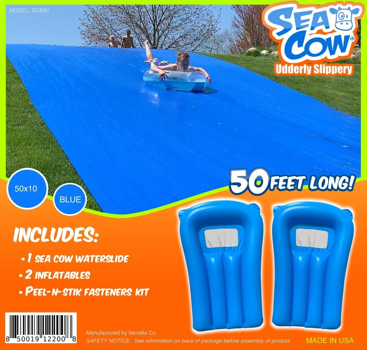 Blue Sea Cow Giant Backyard Water Slide 50 Foot - 2 Inflatable Boogie Boards, Peel-N-Stik Fasteners KIT