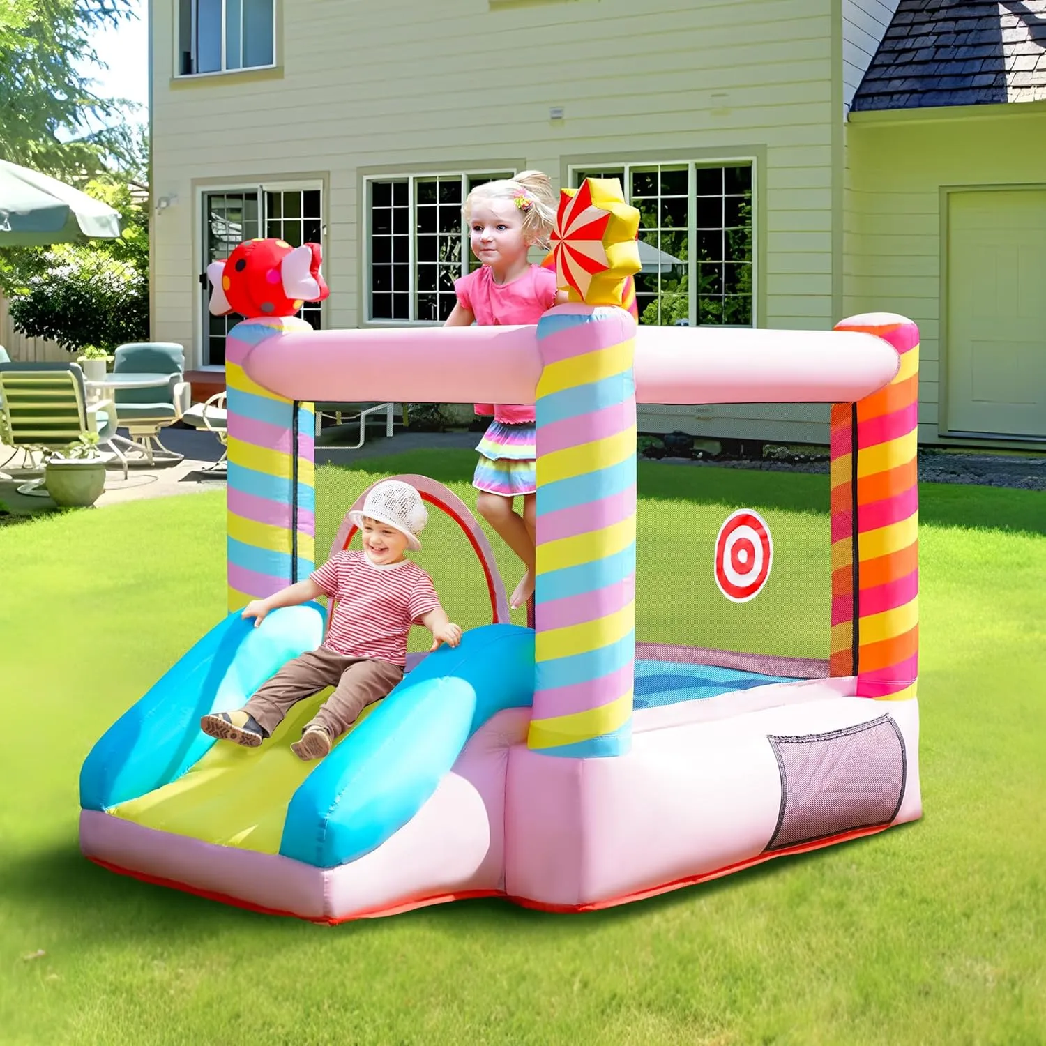 Bounce House, Inflatable Sweet Candy Style Bouncer with Slide for Kids Toddlers 3-6 Year Old, Jump Bouncy Castle for Backyard, Not Included Blower