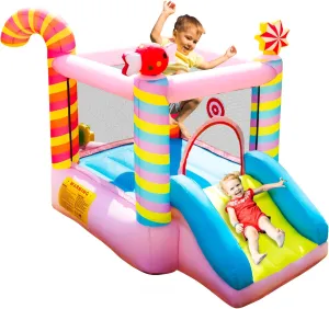 Bounce House, Inflatable Sweet Candy Style Bouncer with Slide for Kids Toddlers 3-6 Year Old, Jump Bouncy Castle for Backyard, Not Included Blower