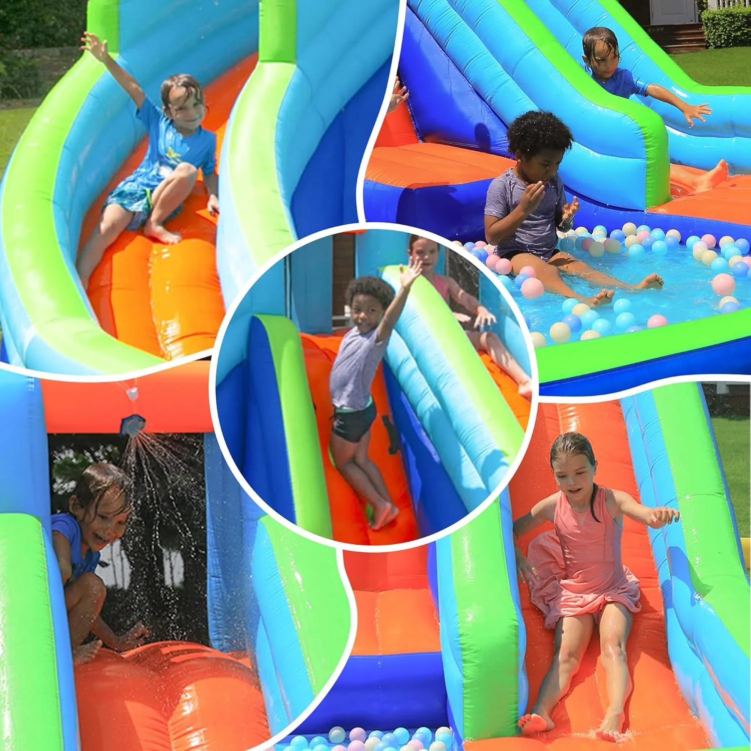 Bounce House Kids Inflatable Water Slide with Ball Pit 2 Waterslides Bouncy House Castle Water Park with Blower for Wet or Dry