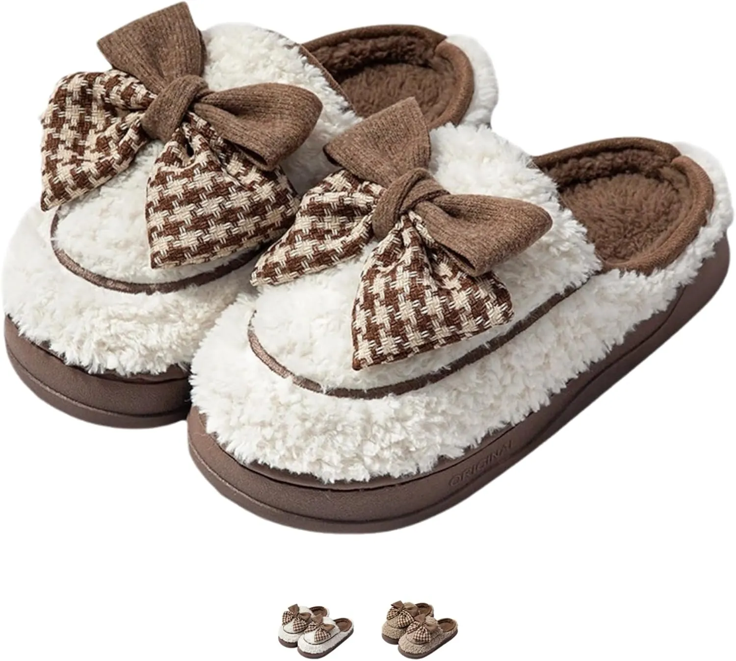 Bow House Slippers for Women Cute Soft Fleece Winter Warm Bow Tie Slippers Plush Slip On Home Slippers with Bows Non Slip Comfy Cozy Indoor Fuzzy Bedroom Shoes