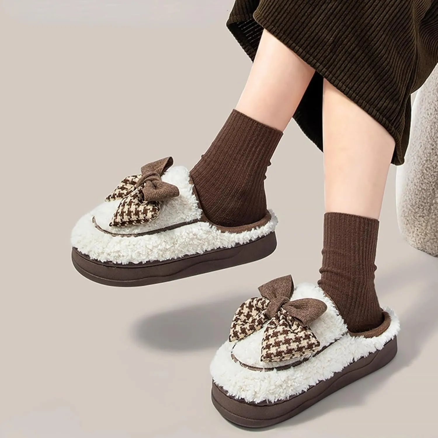 Bow House Slippers for Women Cute Soft Fleece Winter Warm Bow Tie Slippers Plush Slip On Home Slippers with Bows Non Slip Comfy Cozy Indoor Fuzzy Bedroom Shoes