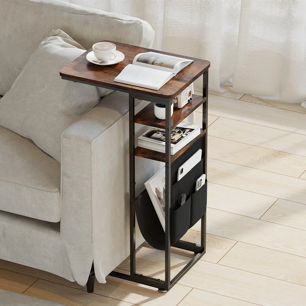 C Shaped End Table, 3-Tier C Table with Storage Bag, Slide Under Couch Table Sofa Tray Table TV Tray Sturdy C-Shaped End Table with Storage Shelves and Bag for Living Room, Bedroom, or Office