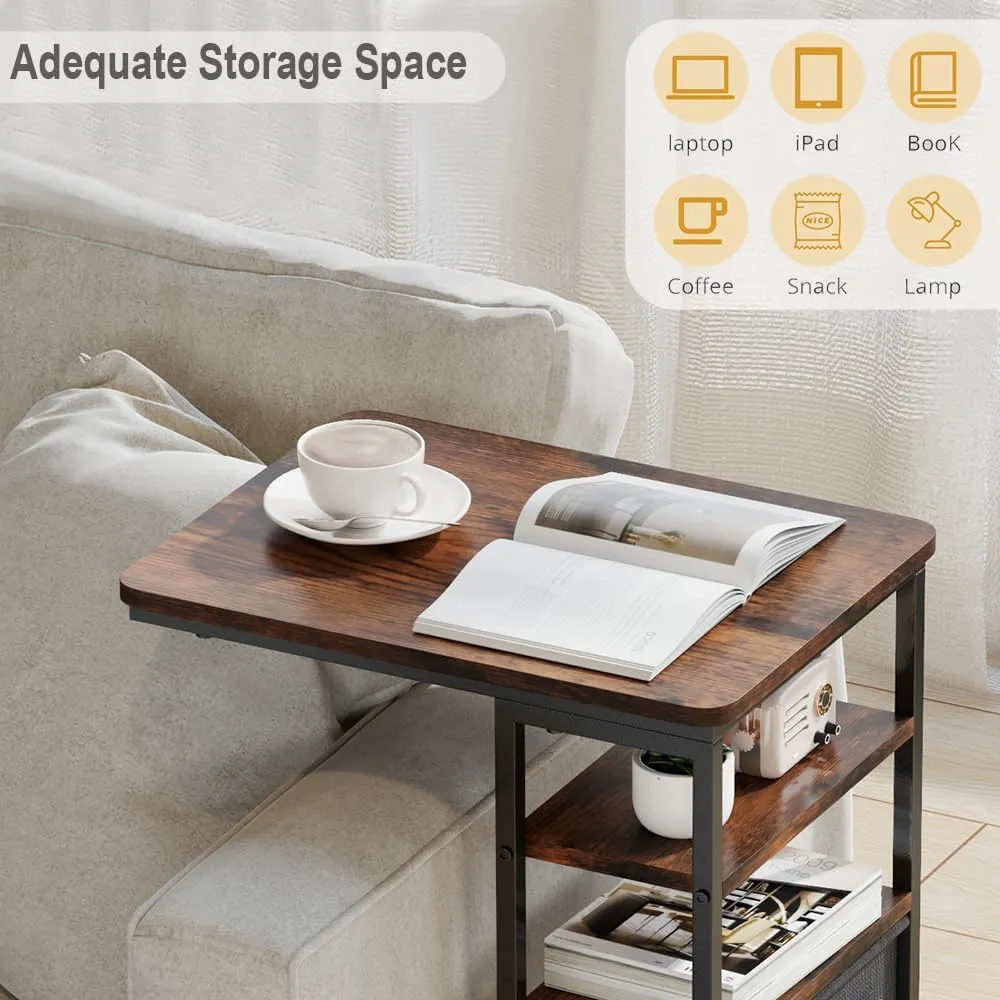C Shaped End Table, 3-Tier C Table with Storage Bag, Slide Under Couch Table Sofa Tray Table TV Tray Sturdy C-Shaped End Table with Storage Shelves and Bag for Living Room, Bedroom, or Office