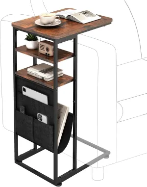 C Shaped End Table, 3-Tier C Table with Storage Bag, Slide Under Couch Table Sofa Tray Table TV Tray Sturdy C-Shaped End Table with Storage Shelves and Bag for Living Room, Bedroom, or Office