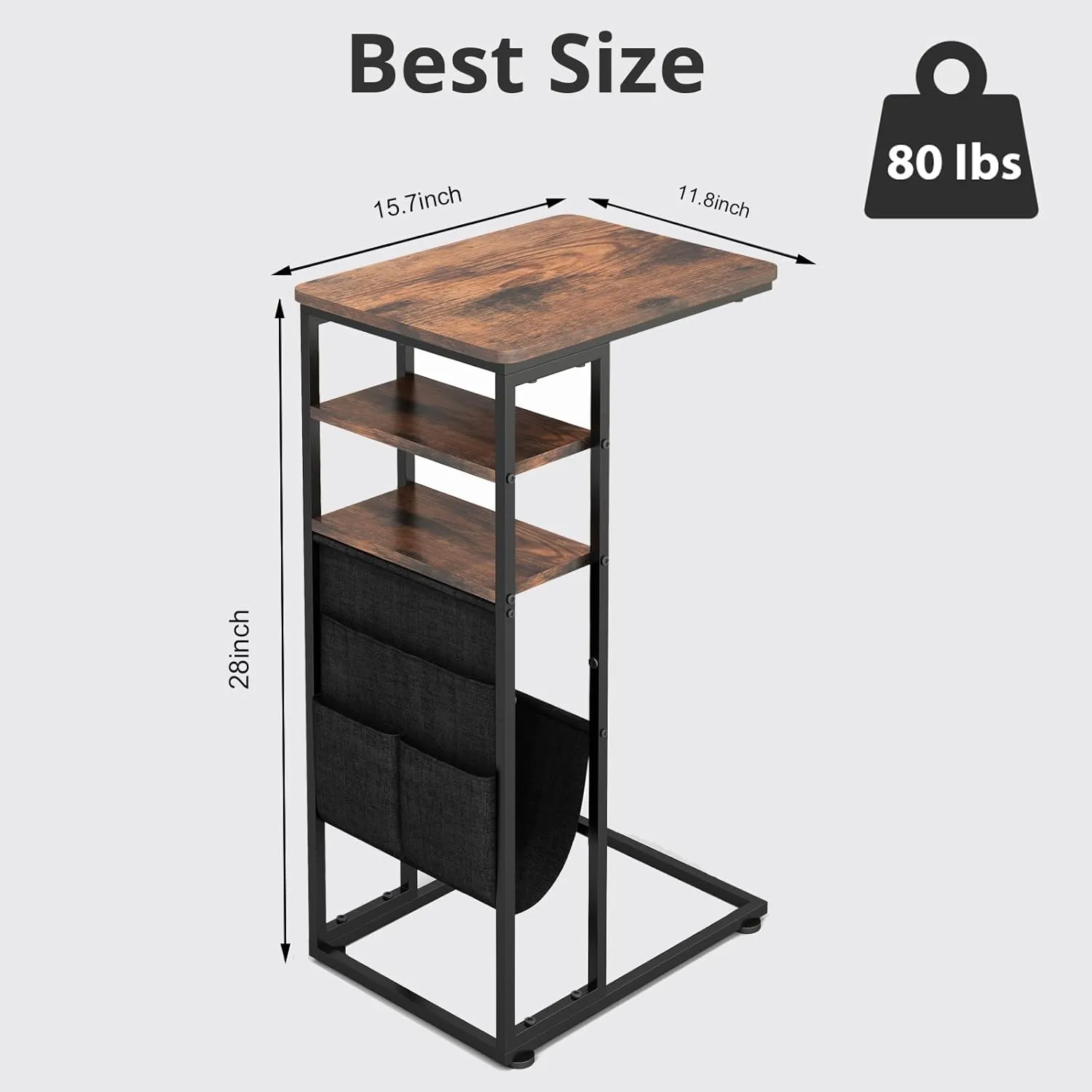 C Shaped End Table, 3-Tier C Table with Storage Bag, Slide Under Couch Table Sofa Tray Table TV Tray Sturdy C-Shaped End Table with Storage Shelves and Bag for Living Room, Bedroom, or Office