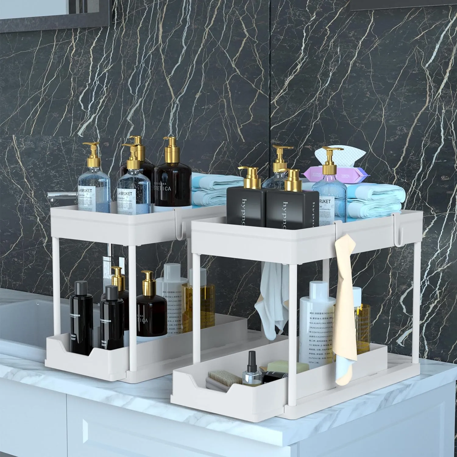 Cabinet, 2 Pack Under Sink Organizer, 2 Tier Sliding Bathroom Kitchen Organizer, Large White ABS Baskets, Easy Install & Clean