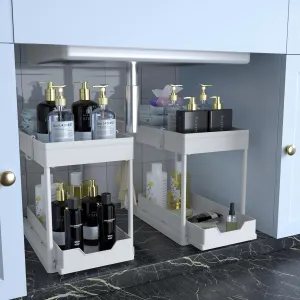 Cabinet, 2 Pack Under Sink Organizer, 2 Tier Sliding Bathroom Kitchen Organizer, Large White ABS Baskets, Easy Install & Clean