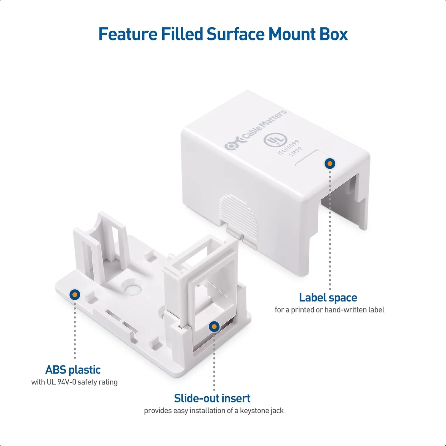Cable Matters UL Listed 10-Pack 1-Port Keystone Jack Surface Mount Box in White