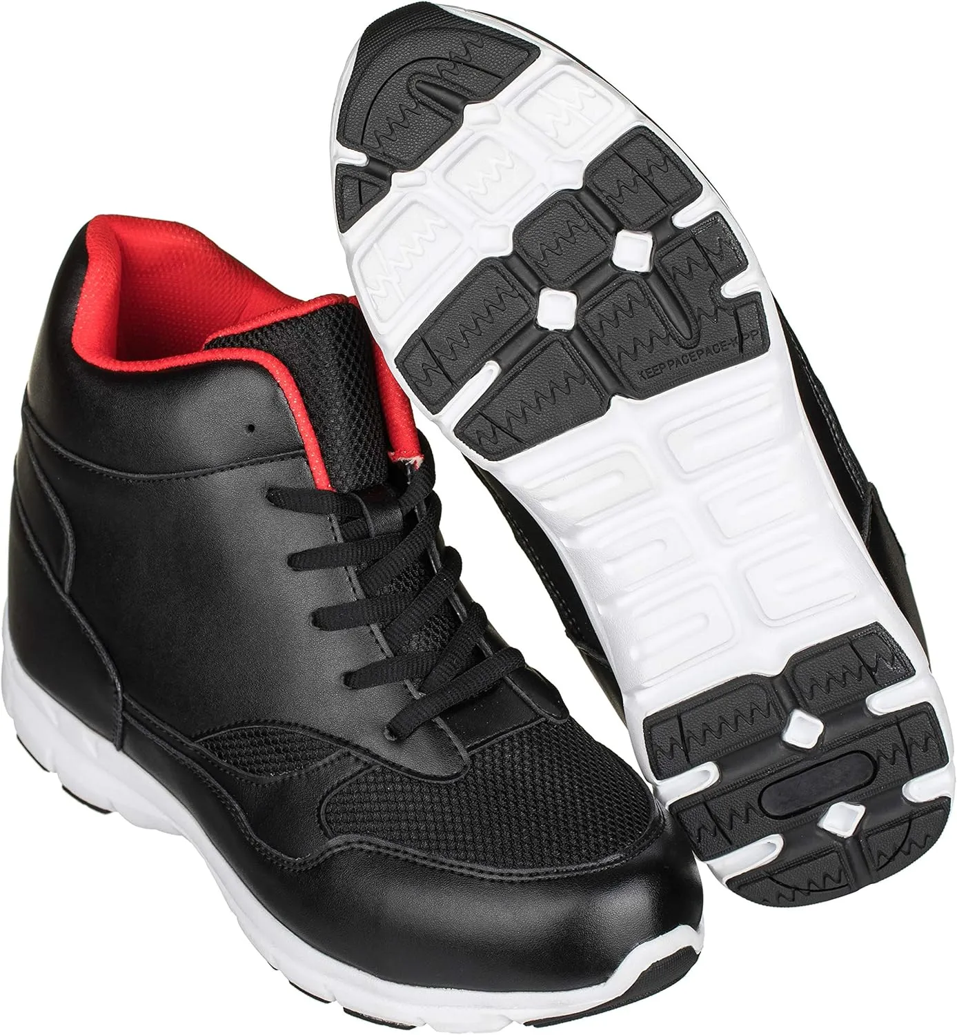 CALTO Men's Invisible Height Increasing Elevator Shoes - Black/Red Leather/Mesh Lace-up Sporty Trainers - 4 Inches Taller - G3332 - Size 9 D(M) US