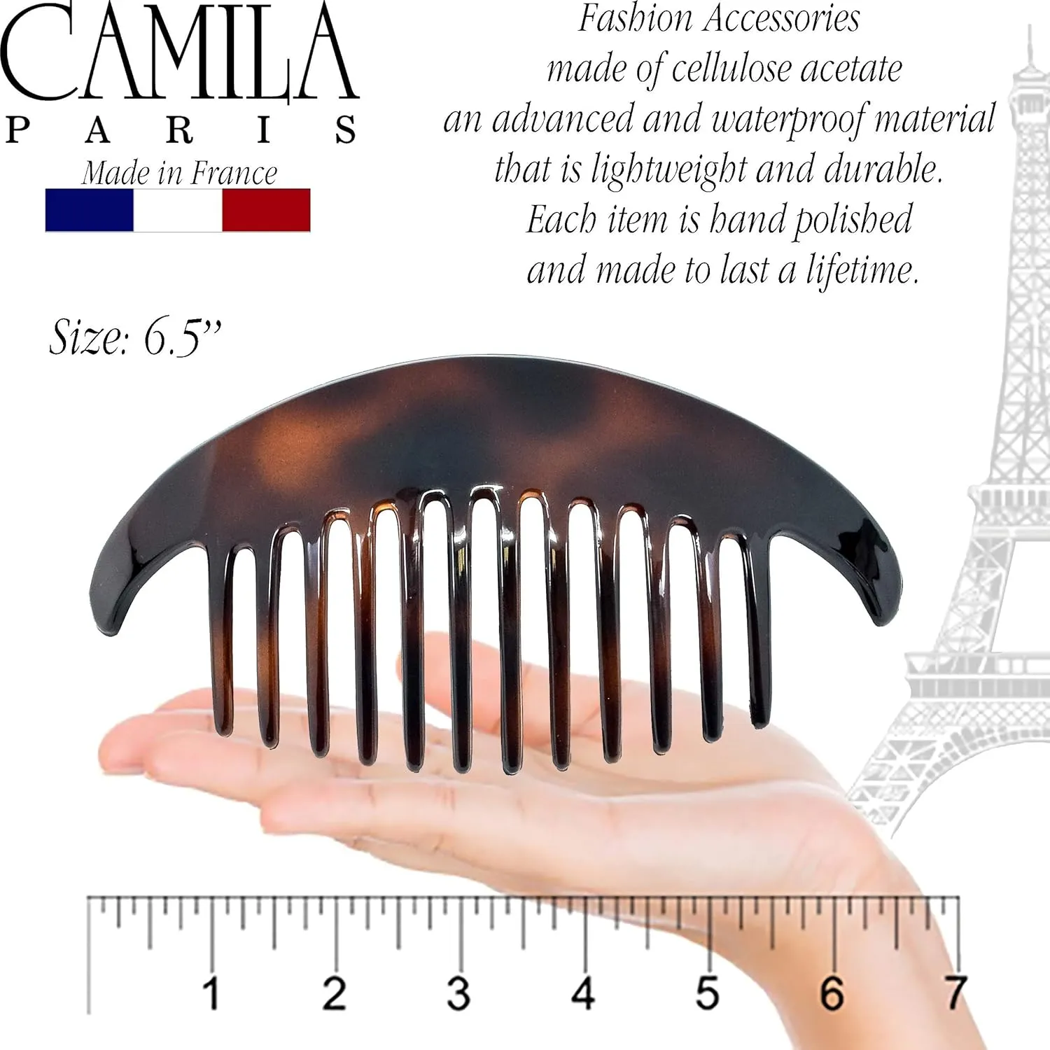 Camila Paris CP2430 4 Piece French Hair Side Combs, Tortoise Shell, Interlocking Combs French Twist Hair Combs, Strong Hold Hair Clips for Women Bun Chignon Up-Do Girls Hair Accessories Made in France