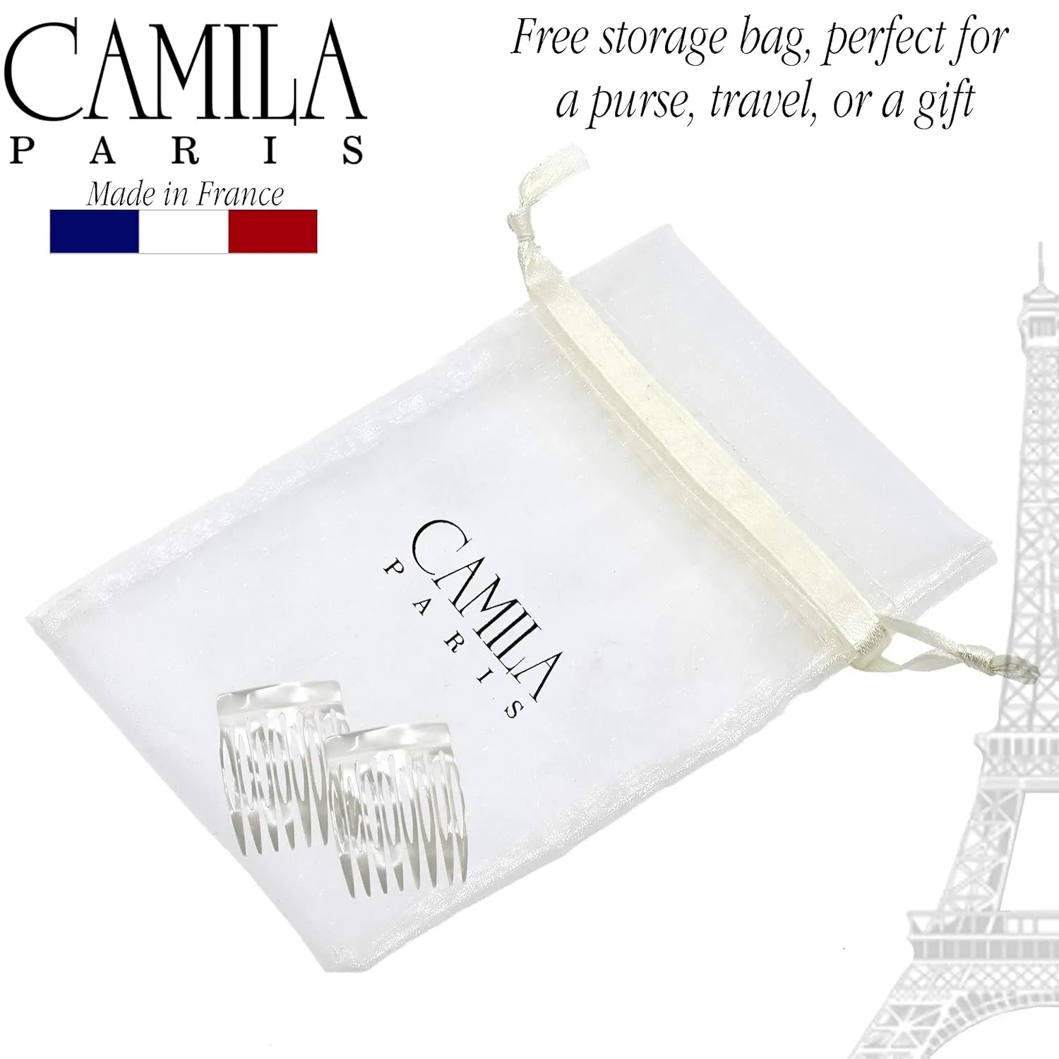 Camila Paris CP3010 French Hair Side Comb Handmade Small Pearl French Twist Hair Combs Decorative, Strong Hold Hair Clips for Women Bun Chignon Up-Do Styling Girls Hair Accessories, Made in France
