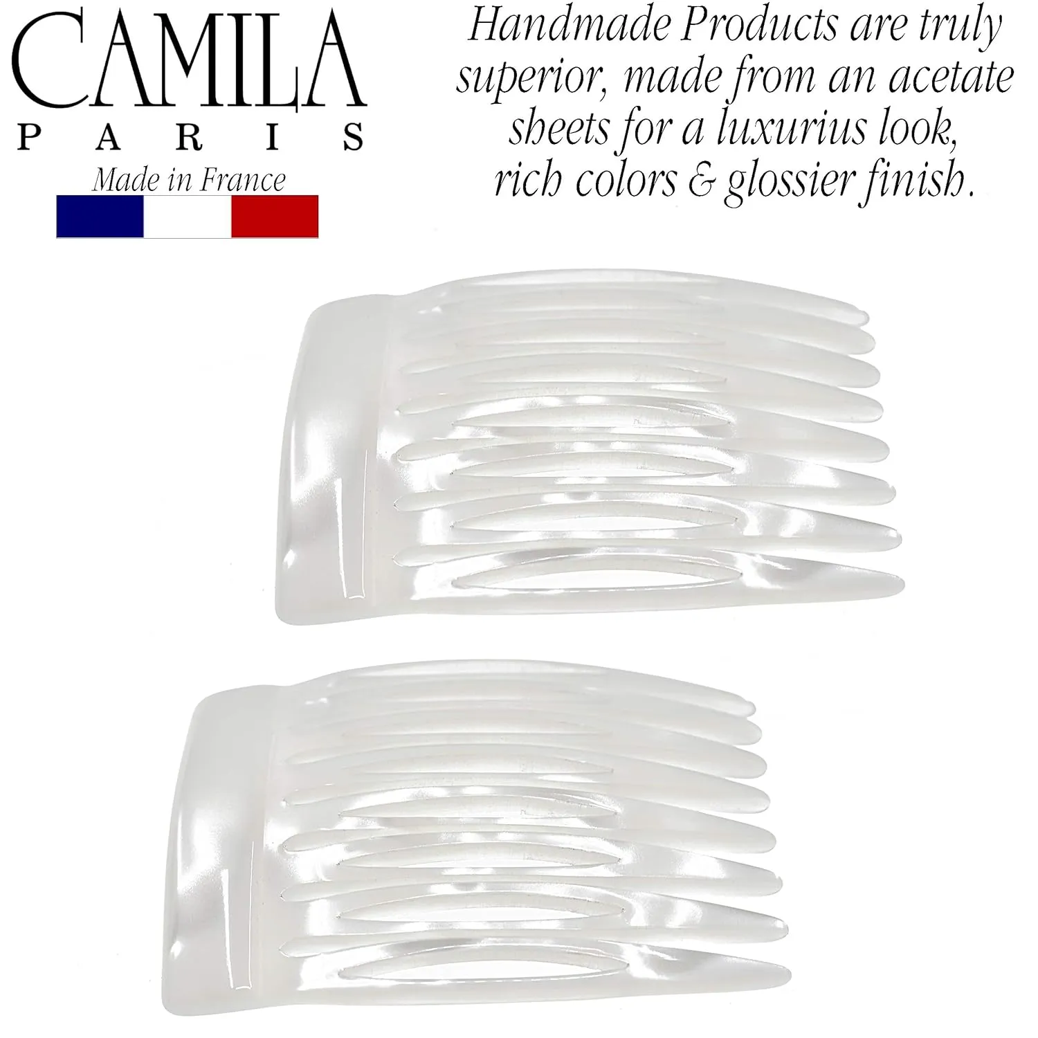 Camila Paris CP3010 French Hair Side Comb Handmade Small Pearl French Twist Hair Combs Decorative, Strong Hold Hair Clips for Women Bun Chignon Up-Do Styling Girls Hair Accessories, Made in France