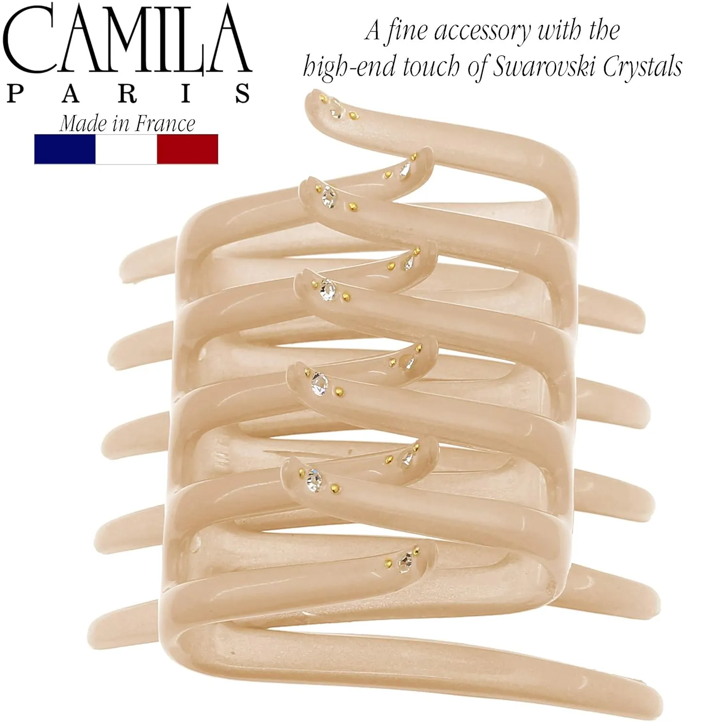 Camila Paris CP3095 French Two Sides Interlocking Comb, Beige, for Ponytail or Hair updo, Strong Hold Grip Hair Clips for Women, No Slip Durable Styling Girls Hair Accessories, Made in France