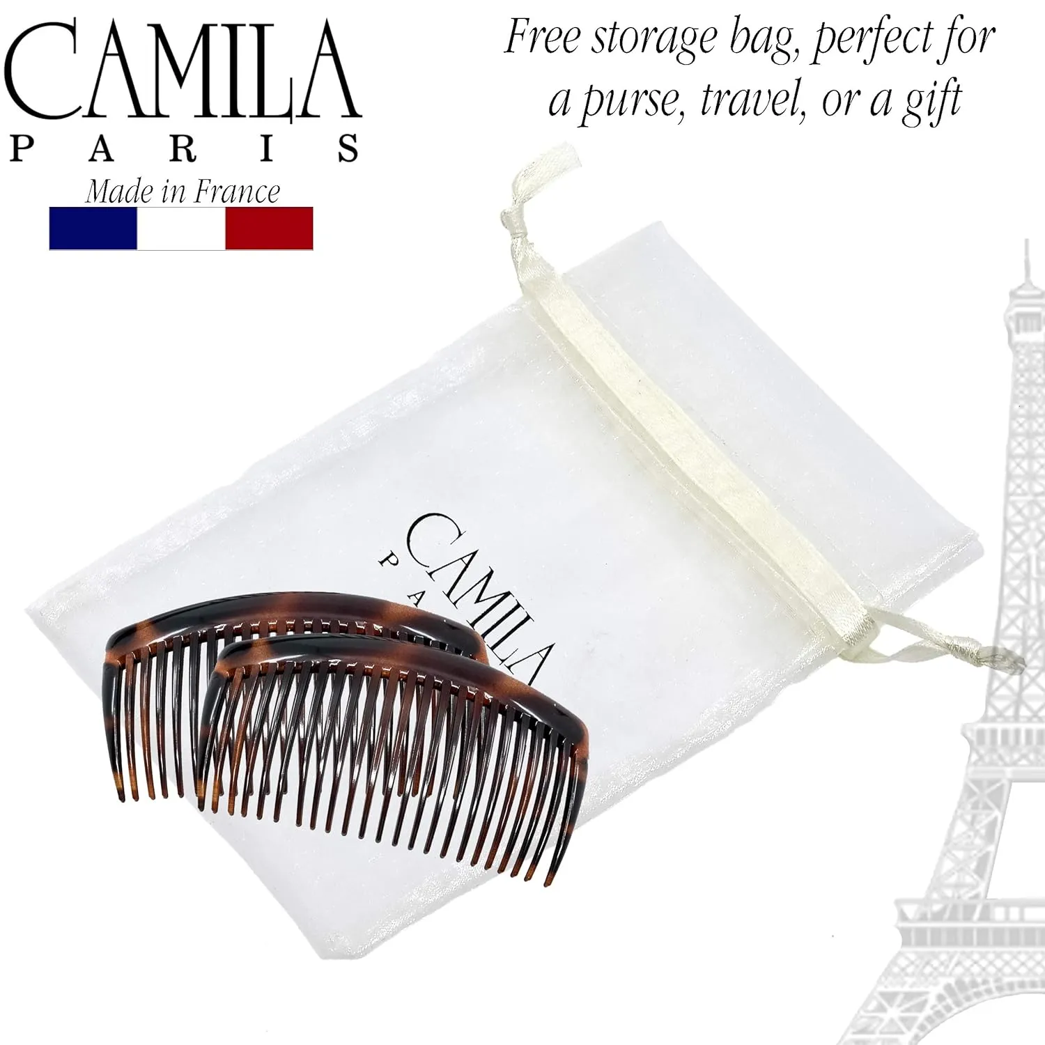 Camila Paris French Side Combs Large 4 Piece Curved Tortoise Shell French Twist Hair Combs Decorative, Strong Hold Hair Clips for Women Bun Chignon Up-Do, Styling Girls Hair Accessories Made in France