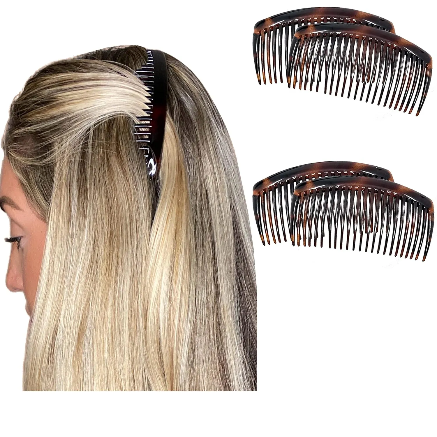 Camila Paris French Side Combs Large 4 Piece Curved Tortoise Shell French Twist Hair Combs Decorative, Strong Hold Hair Clips for Women Bun Chignon Up-Do, Styling Girls Hair Accessories Made in France