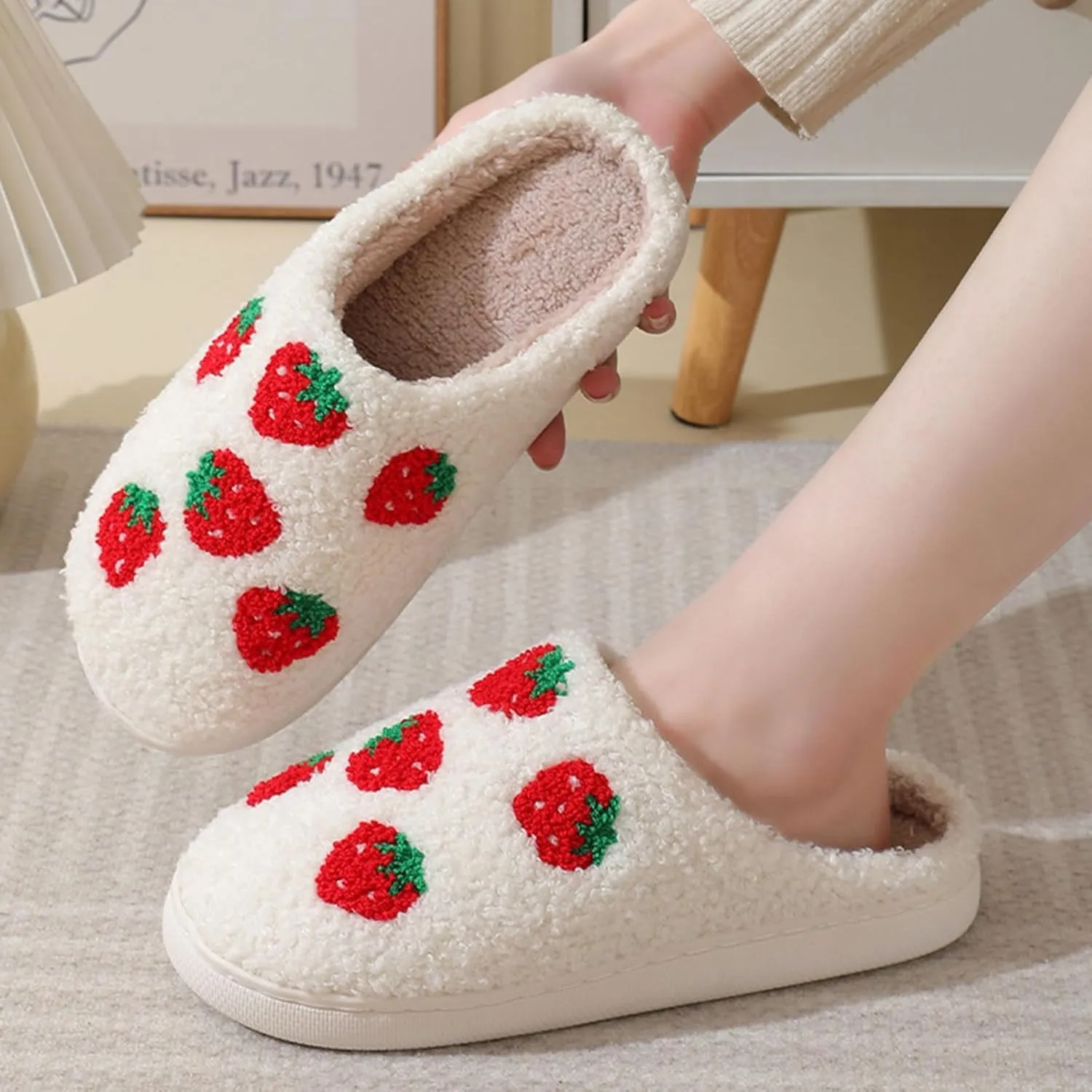 Cartoon Slippers for Women Men, Soft Fluffy Warm Lightweight Non-Slip Cute House Slippers Slip-On Cozy Indoor Outdoor Heart Meet Ne at Night Mushroom Cherry Strawberry Evil Eye Slippers