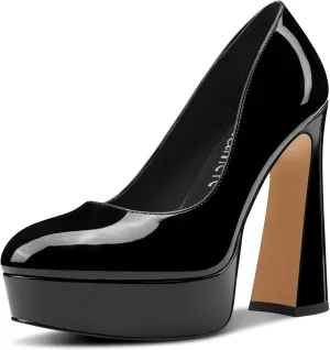 Castamere Womens Chunky Block High Platform Heel Round Toe Pumps Slip-on Office Dress Patent Leather 5.5 Inches Heels