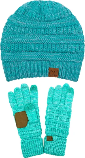 C.C Unisex Soft Stretch Cable Knit Beanie and Anti-Slip Touchscreen Gloves 2 Pc Set 2 Pc Set