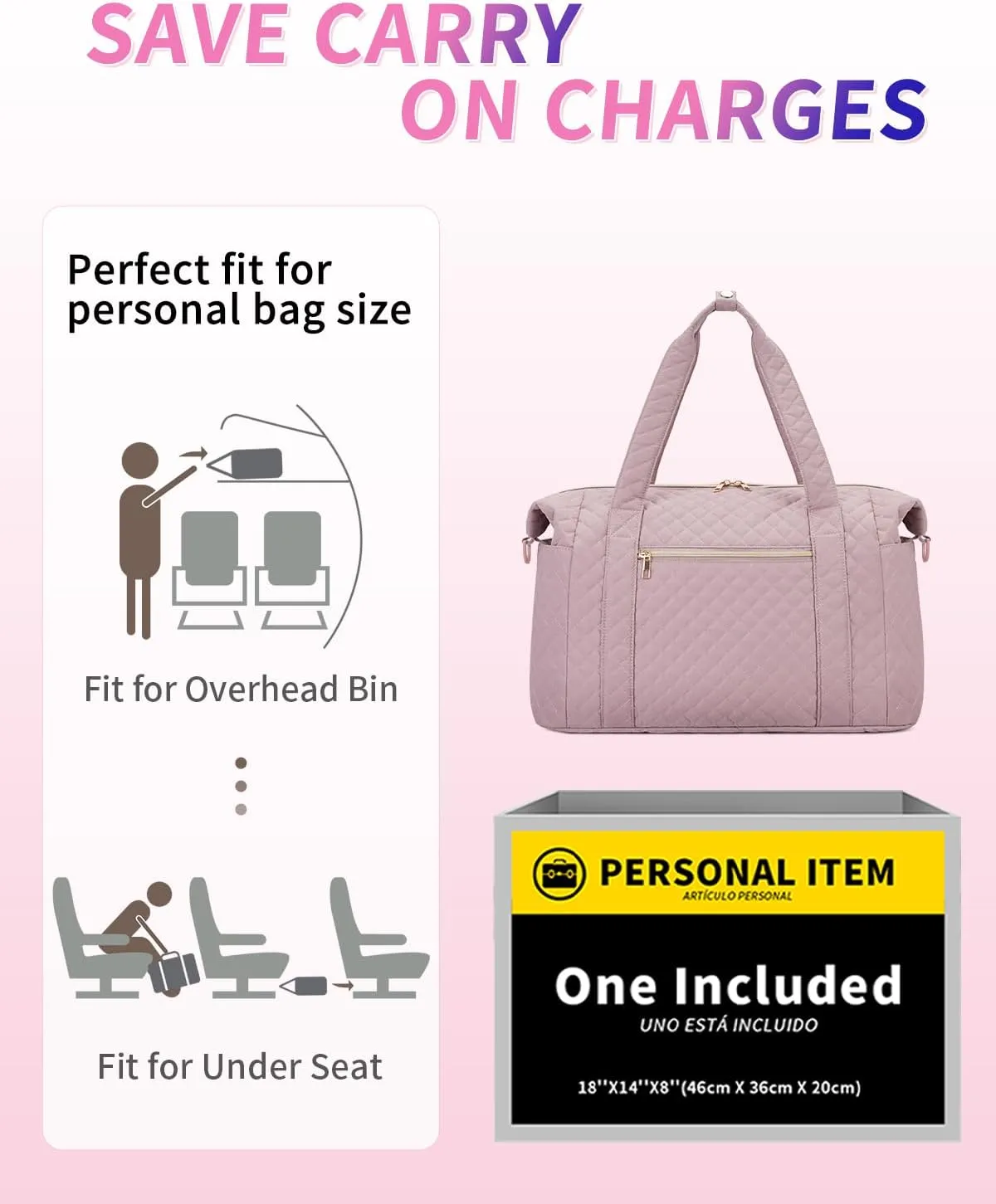 Ceneda Travel Duffel for Spirit Airlines Personal Item - 18x14x8 Under Seat Weekender Overnight Bag with Wet Pocket & Shoe Bag Carry On Luggage (Pink)