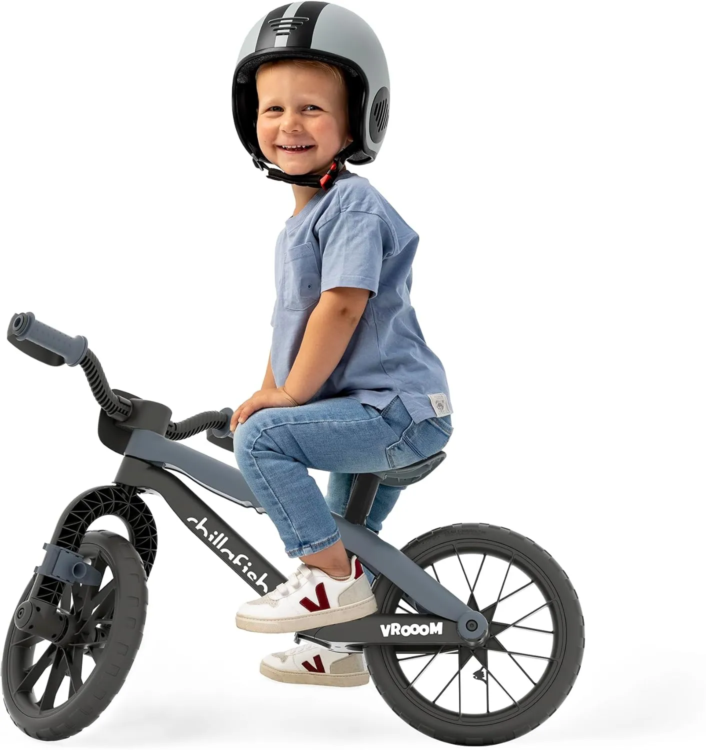 Chillafish BMXie Vroom, 12-Inch Balance Bike Trainer with Real VROOM VROOOM Sounds for Kids 2 to 5 Years, 12-inch Airless Rubberskin Tires, Adjustable Seat Without Tools, Anthracite