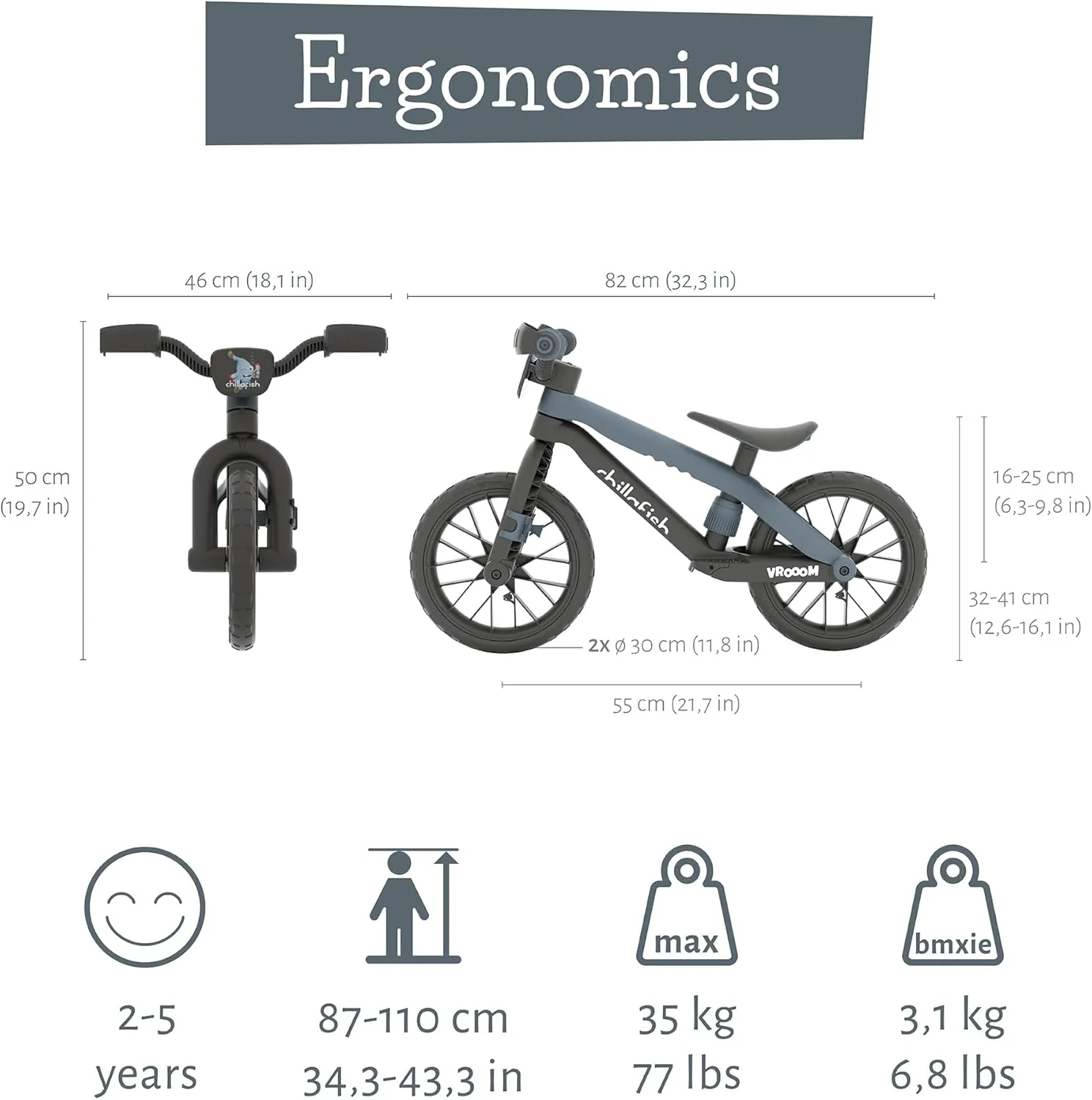 Chillafish BMXie Vroom, 12-Inch Balance Bike Trainer with Real VROOM VROOOM Sounds for Kids 2 to 5 Years, 12-inch Airless Rubberskin Tires, Adjustable Seat Without Tools, Anthracite