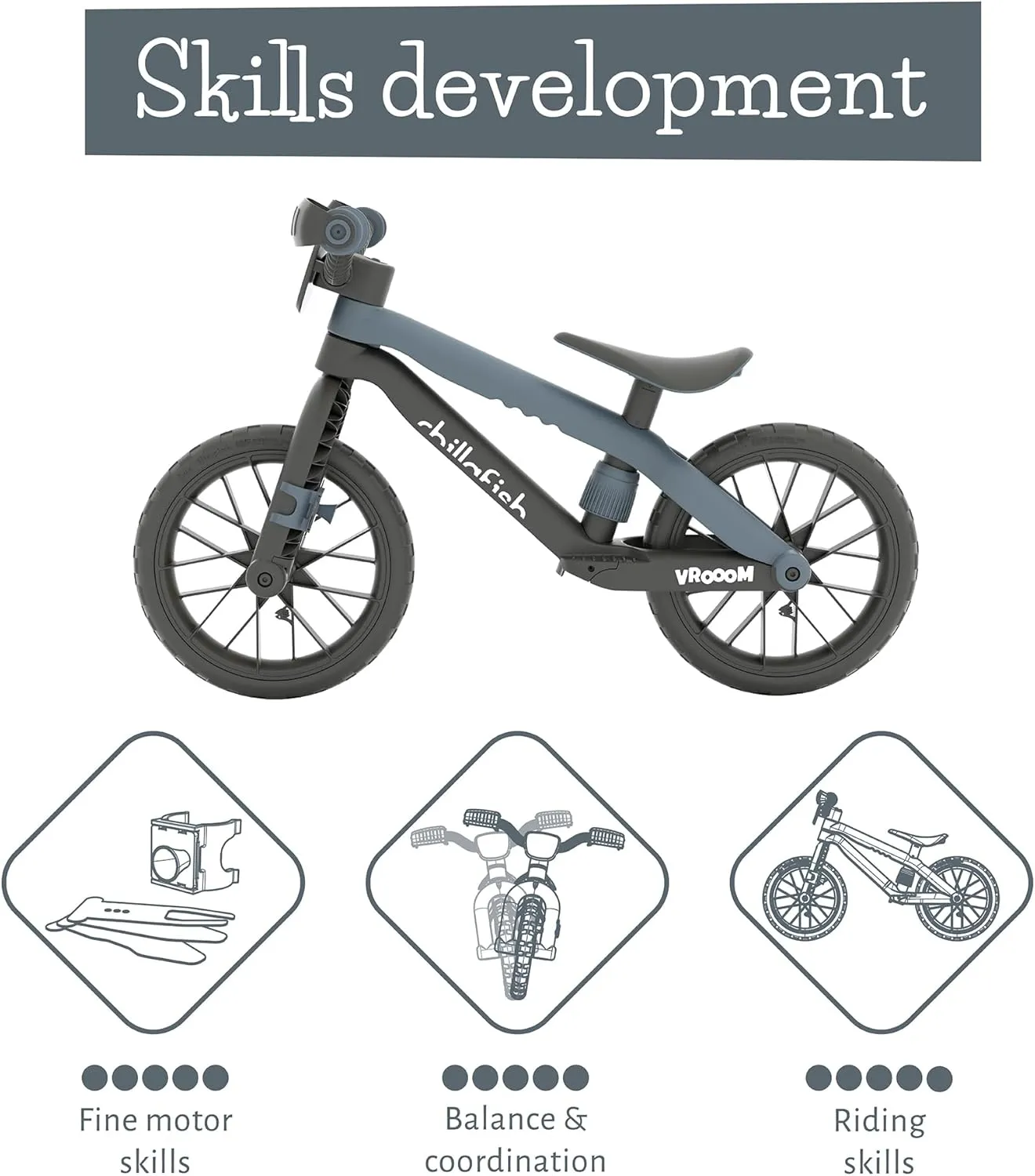 Chillafish BMXie Vroom, 12-Inch Balance Bike Trainer with Real VROOM VROOOM Sounds for Kids 2 to 5 Years, 12-inch Airless Rubberskin Tires, Adjustable Seat Without Tools, Anthracite