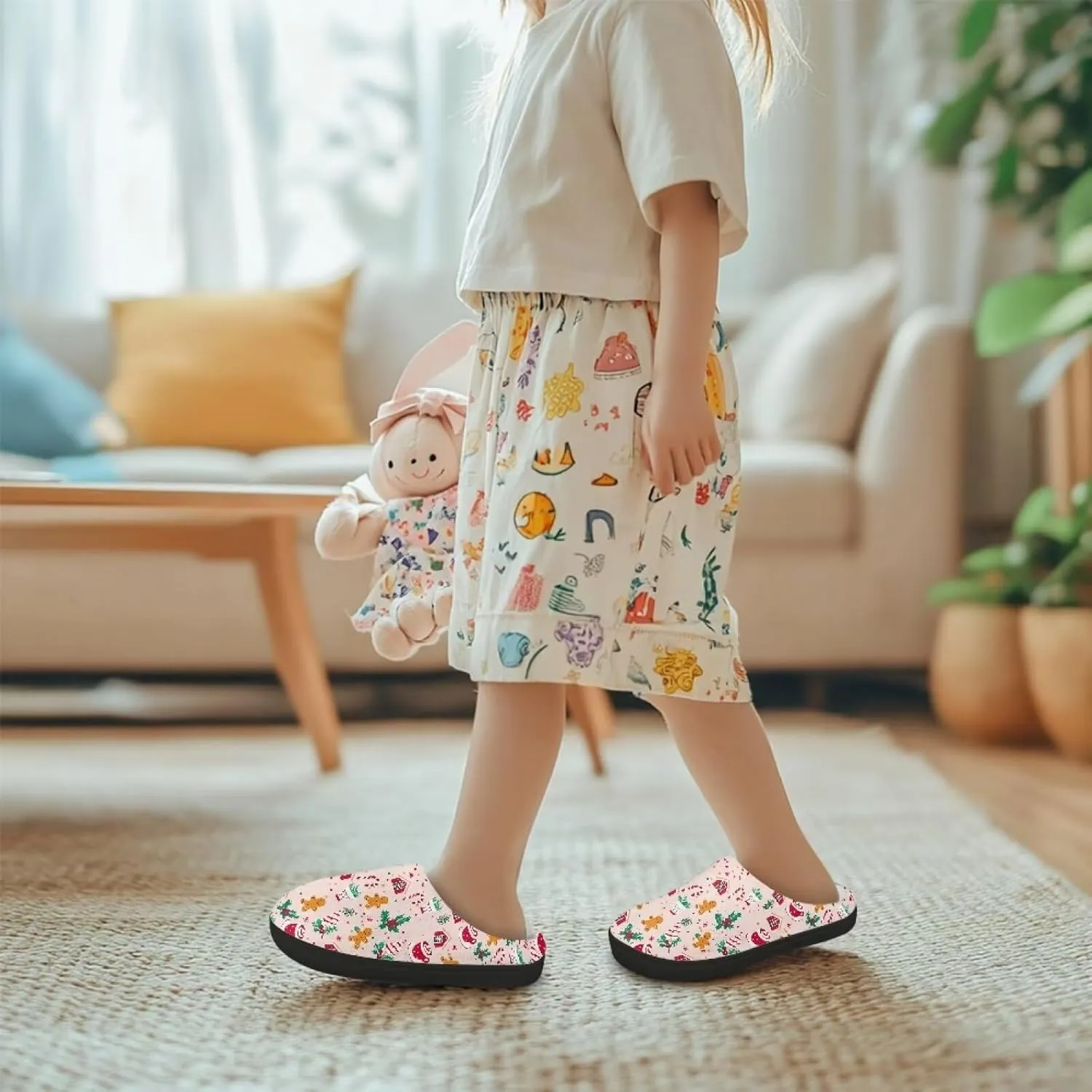 Christmas Kids Fuzzy Warm House Slippers for Girls Non Slip Rubber Sole Home Slippers for Toddlers Size 9-15