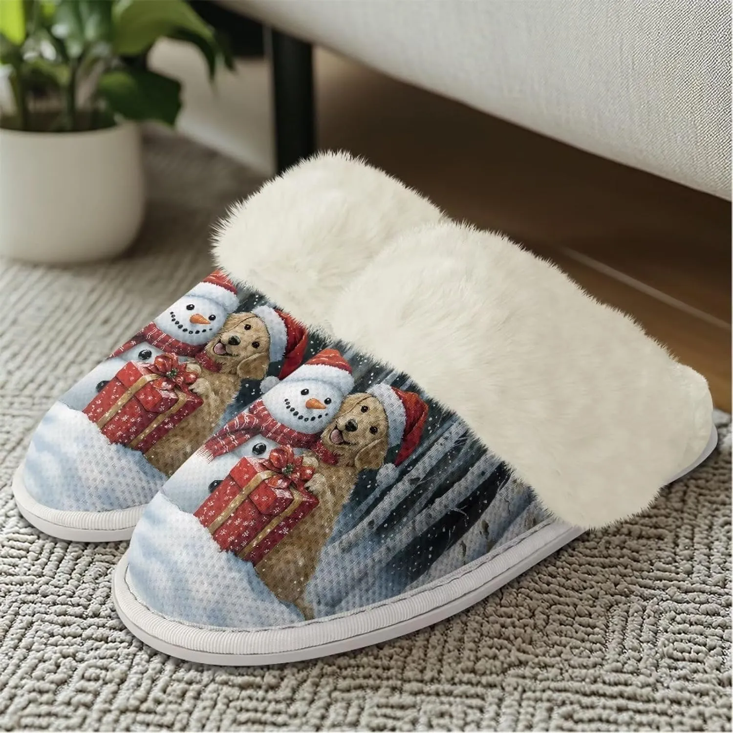Christmas Womens Cartoon Indoor Warm Fleece Slippers Winter Soft Cozy Home Non-Slip Plush Slip-on Shoes